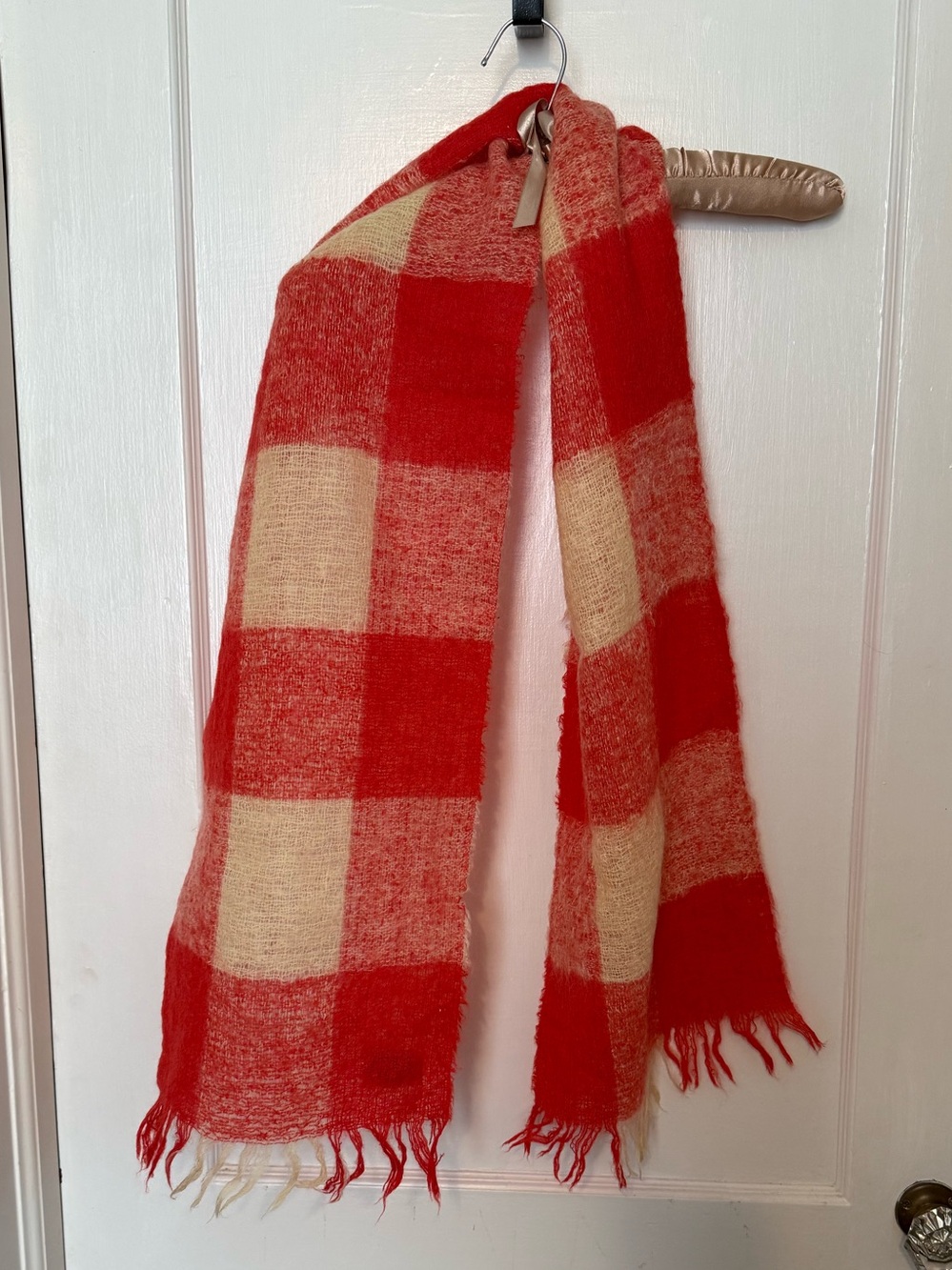 Vintage Red and Cream Check Wool Scarf
